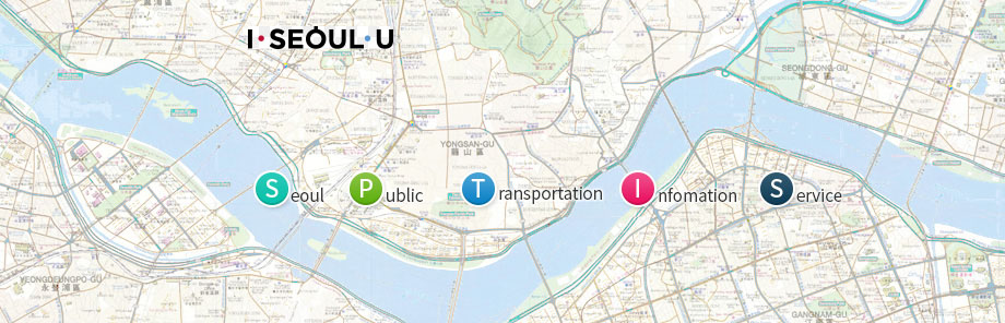 서울지도 배경 위에  Seoul Public Tranportaion Infomation Service 문자